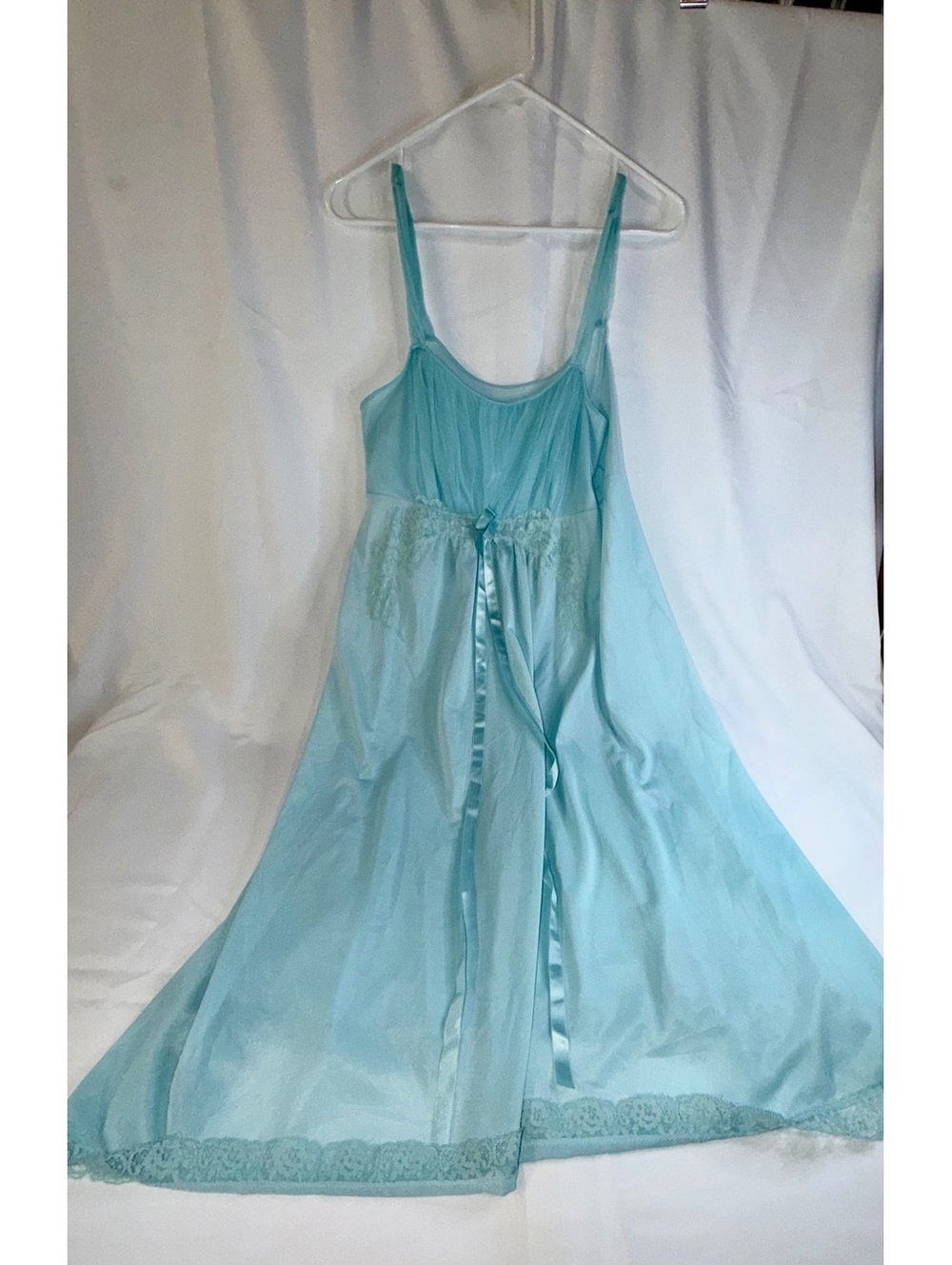 Vintage Van Raalte Light Blue Nylon Nightgown with Lace and Ribbon Detail